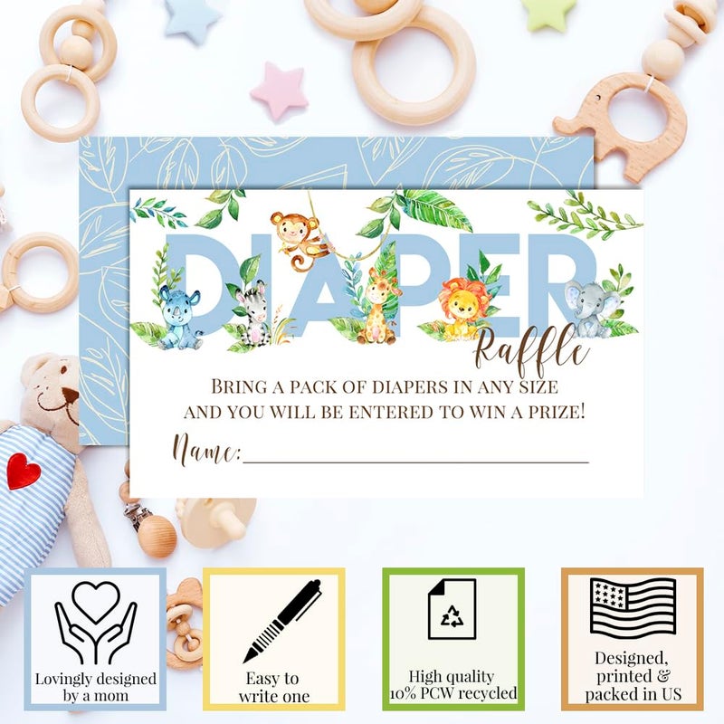 Amanda Creation Watercolor Jungle Animals Diaper Raffle Tickets for Boy Baby Showers, 20 2" X 3â€ Double Sided Insert Cards for Games by AmandaCreation, Bring a Pack of Diapers to Win Favors & Prizes! - Image 4